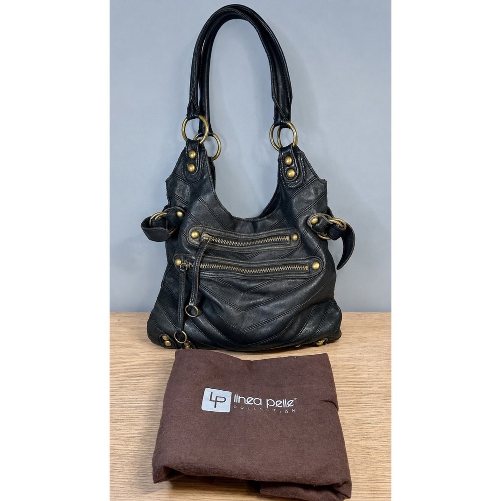 Y2K Linea Pelle Dylan Black Leather Multi Zip Hobo Bag Zebra Lining Dust Bag